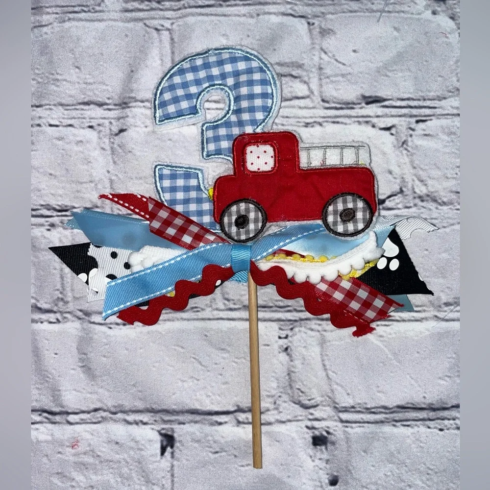 Firetruck Cake Topper Three Gingham
